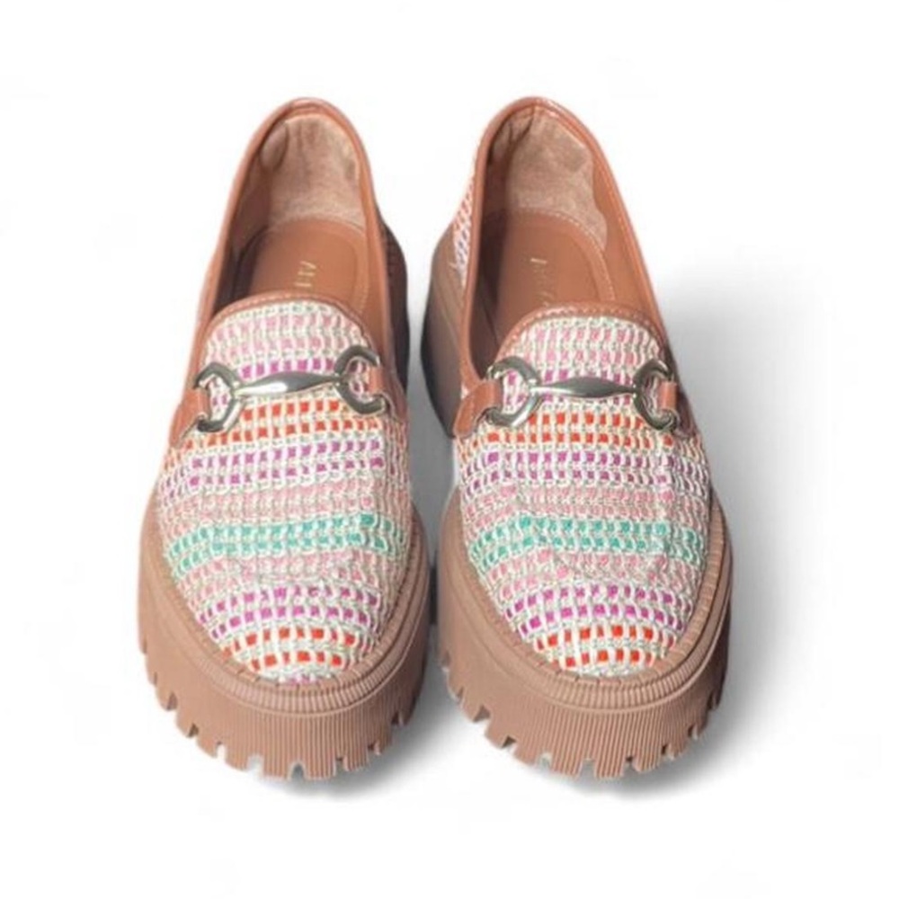 Arezzo Tan and Multicolor Woven Leather Platform Loafers Women’s Size 7